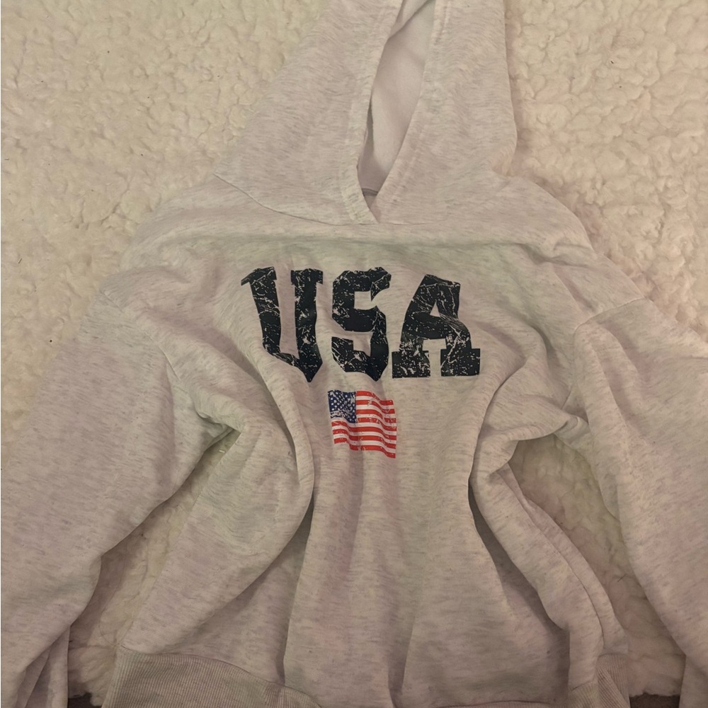 white hoodie with american flag